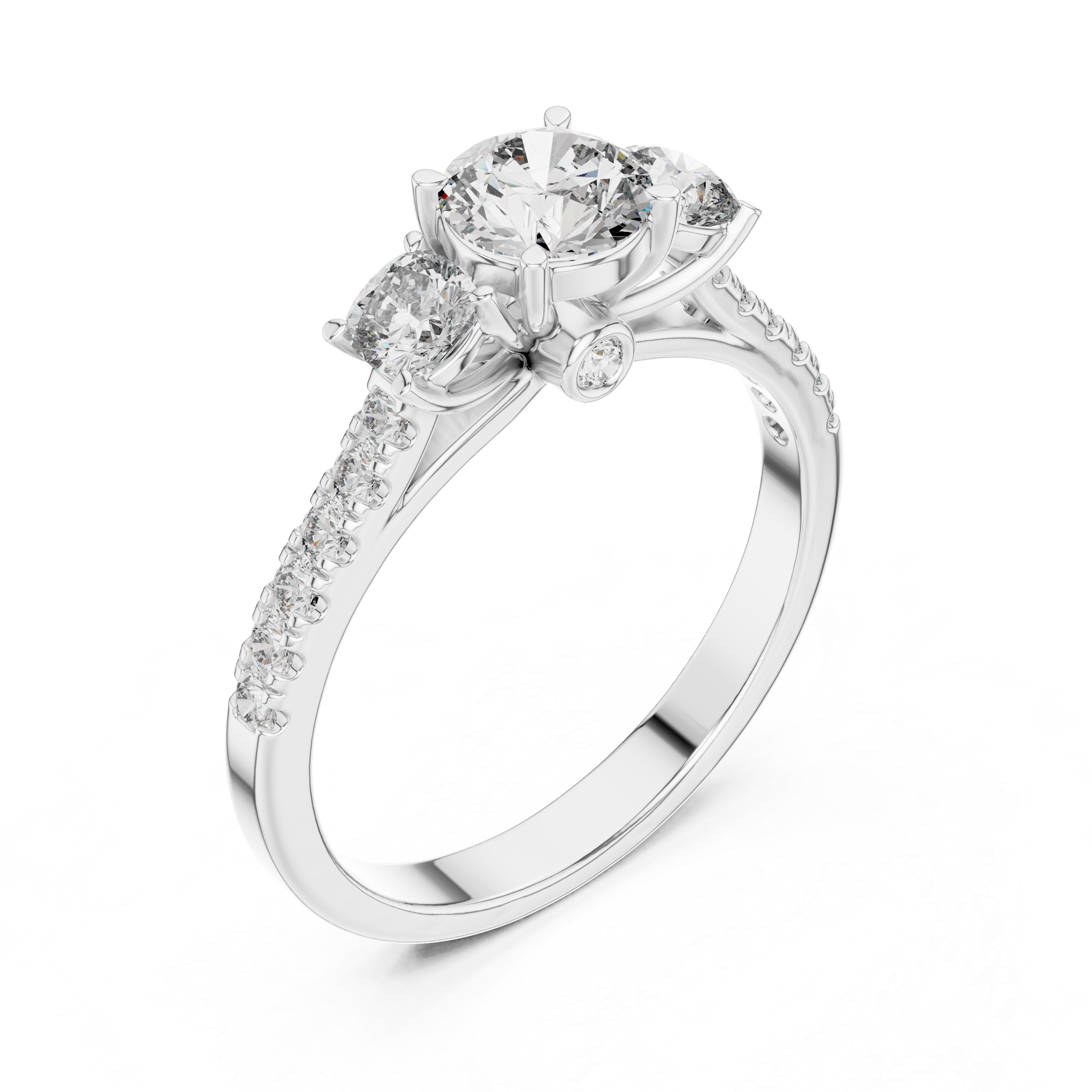 Diamond ring with a central gemstone and smaller diamonds on a white background